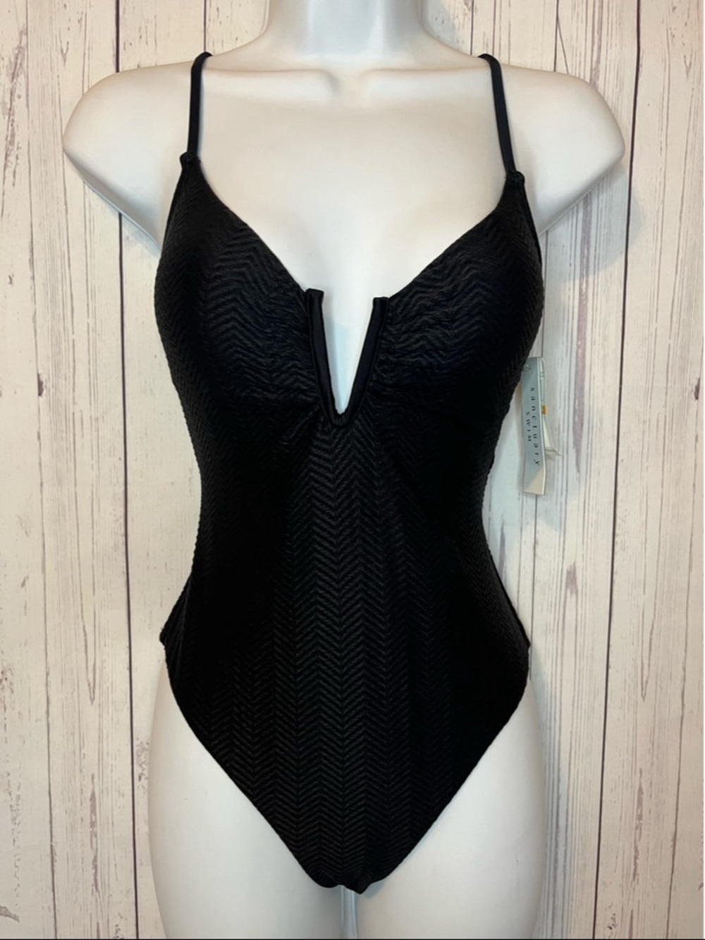 Sanctuary Swim MIO Size Small Black V-Plunge One-Piece Swimsuit Tie Back